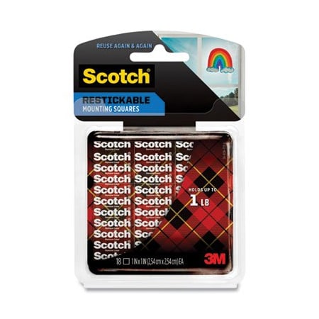 3M Scotch, Restickable Mounting Tabs, 1in X 1in, 18PK R100